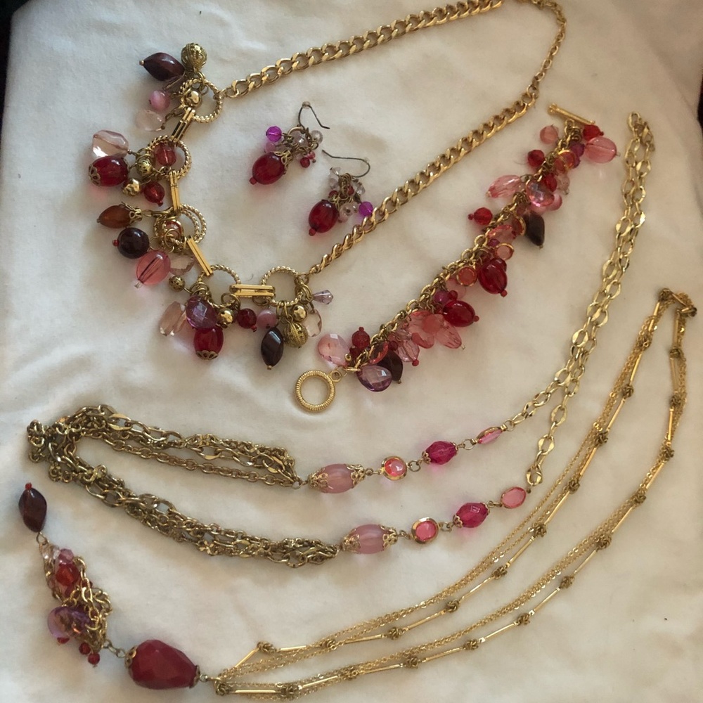 Lot of Red Jewelry. Three necklaces, a bracket and earrings. Joan Rivers